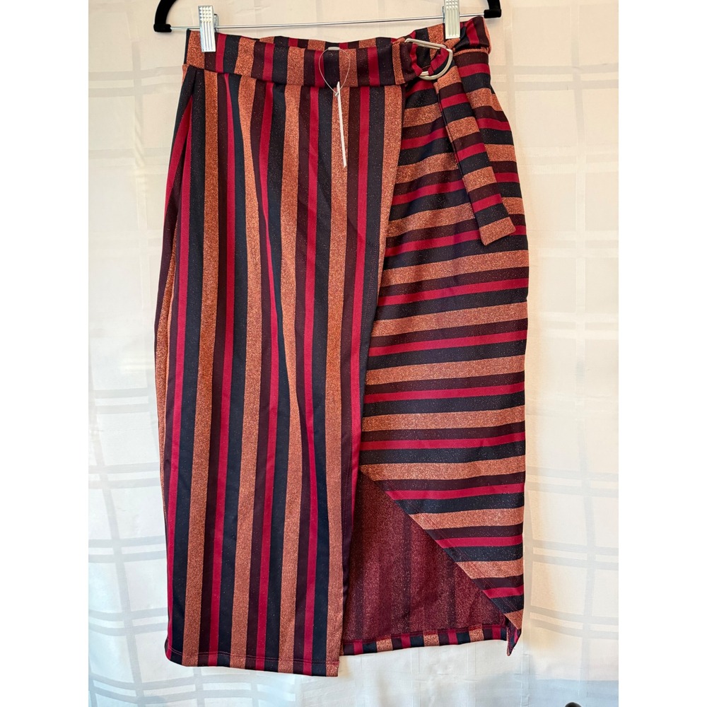ASOS Metallic Striped Midi Skirt Copper Burgundy Navy D-Ring Wrap Tulip Hem NWT